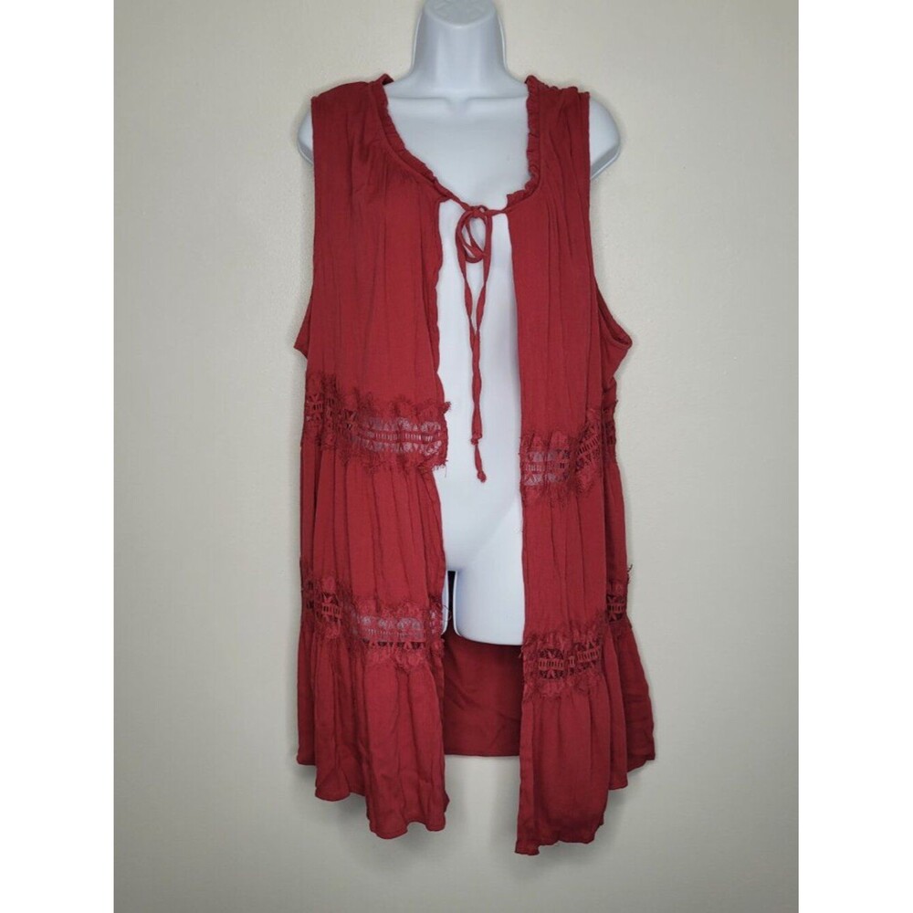 Tru Self red plus size boho long length tie front vest layering size 3x
